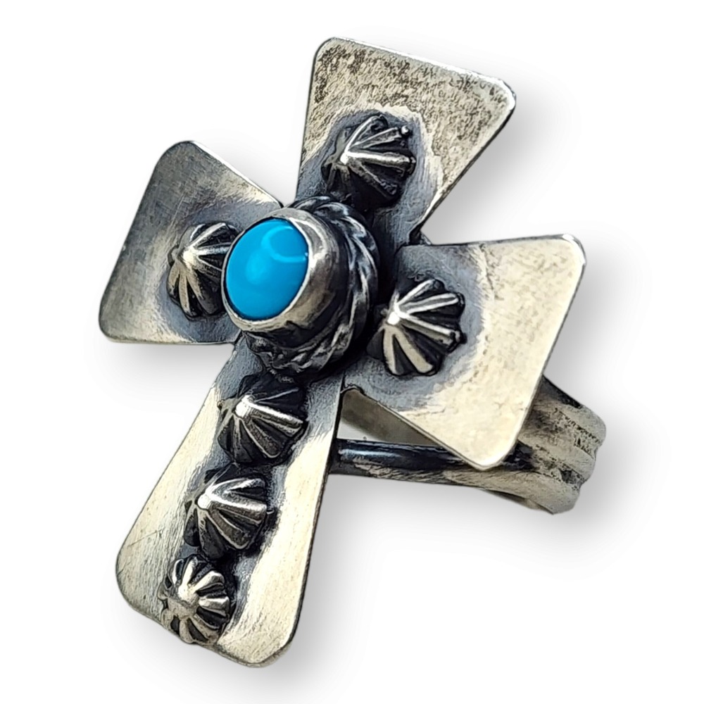 Running Bear Sterling Silver 925 Sleeping Beauty Turquoise Cross Ring Size‎ 9 - Picture 6 of 9